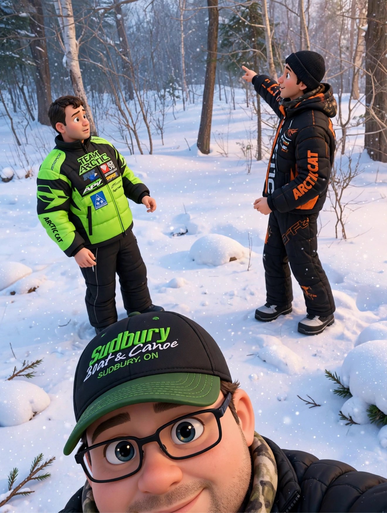 Cartoon of Doug and the crew getting tech talk from Tyler on the trail